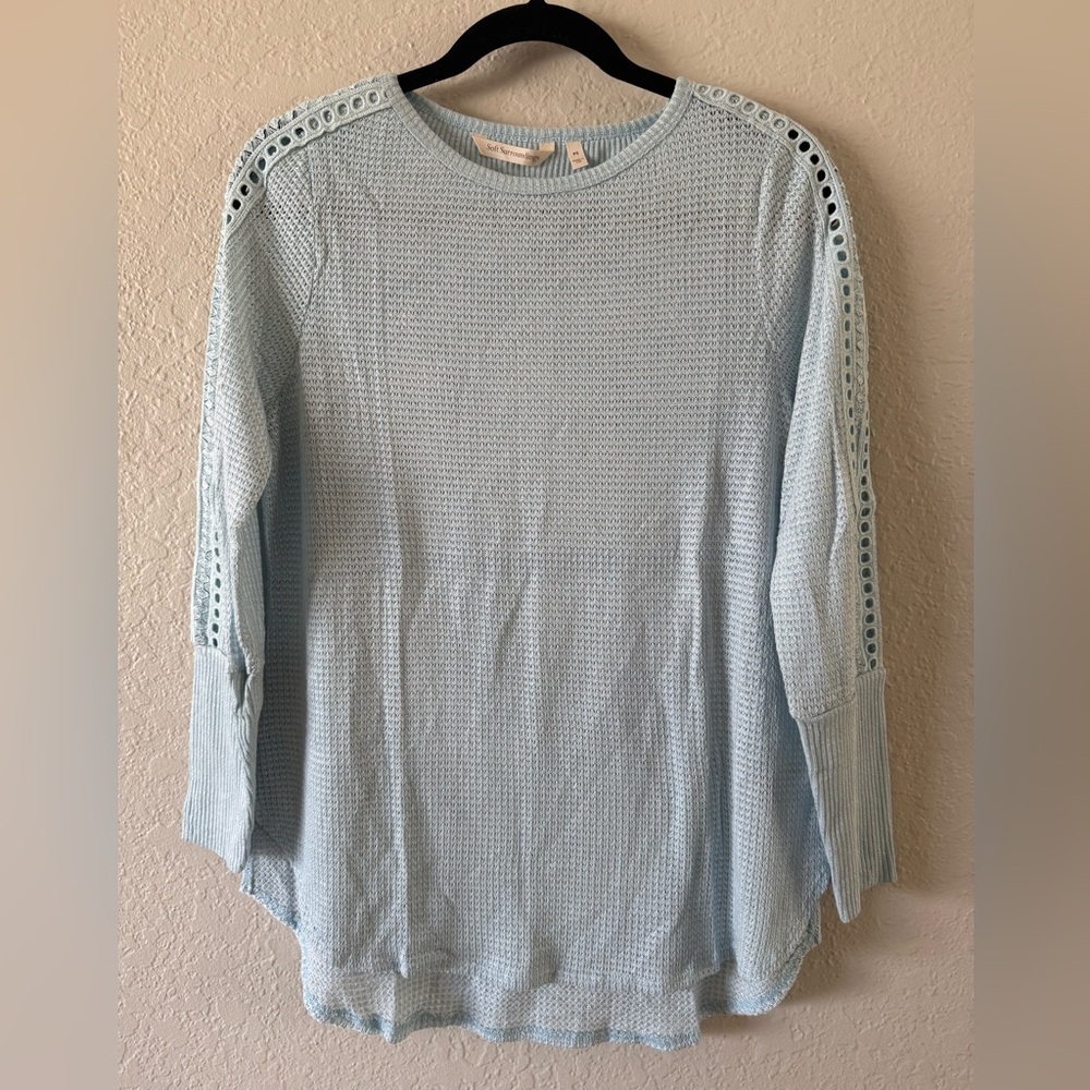 NWOT Soft Surroundings Bailey Crochet Trim LS Thermal Top Size Petite S Lt. Blue